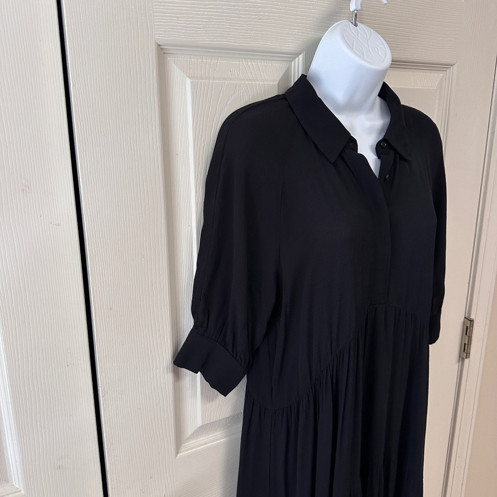 A Loves A Button Down Cuff Sleeve Tiered Waistless Midi Shirt Dress Size M Black - Picture 4 of 11